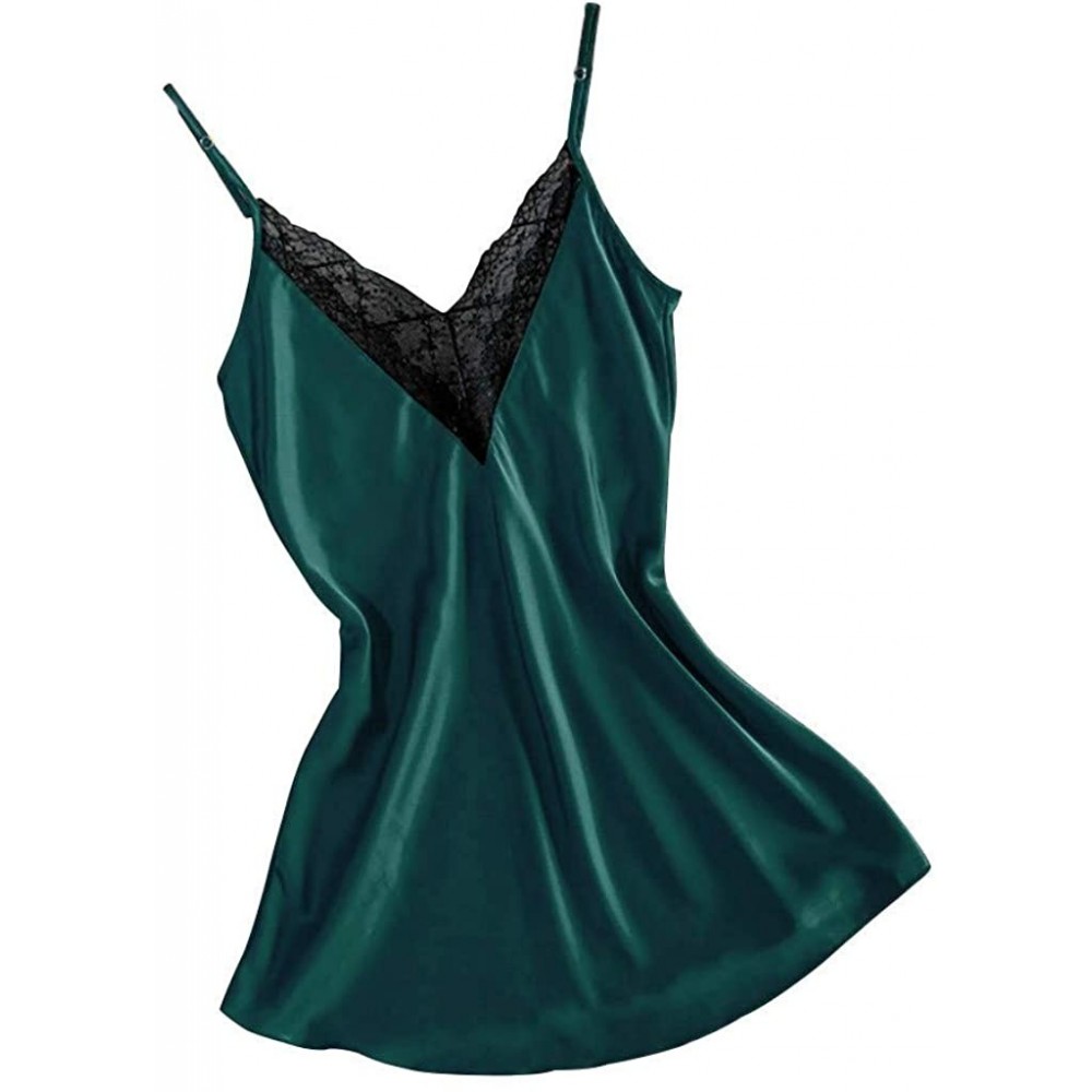 Tops Women Sexy Satin Lace V Neck Chemise Silky Lingerie Dress Plus Size Loose Fit Spaghetti Strap Babydoll Nightwear Green -...