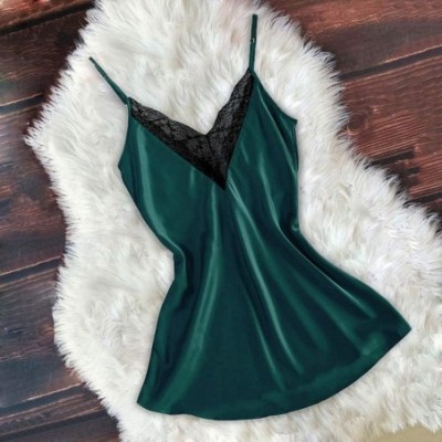 Tops Women Sexy Satin Lace V Neck Chemise Silky Lingerie Dress Plus Size Loose Fit Spaghetti Strap Babydoll Nightwear Green -...