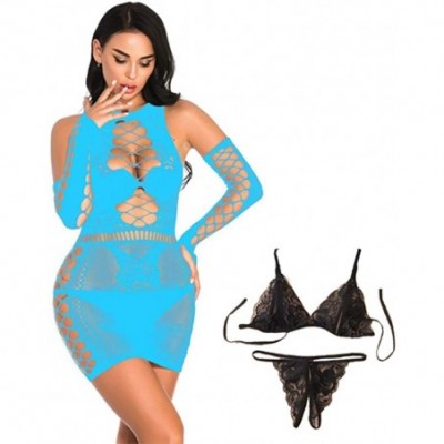 Baby Dolls & Chemises Women's Fishnet Lingerie Mini Dress Mesh Sexy Underwear Babydoll One Size - Turquoise - CK19CGQUL83