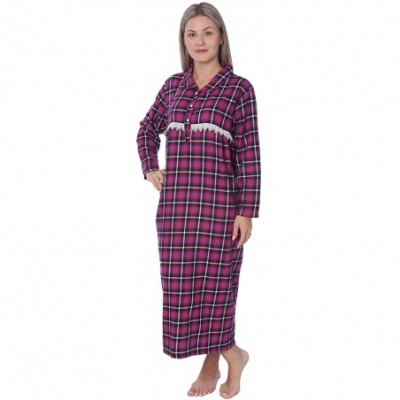 Nightgowns & Sleepshirts Women's Full Length Brushed Cotton Flannel Plaid Nightgown Lounger - Purple and White Black Plaid - ...