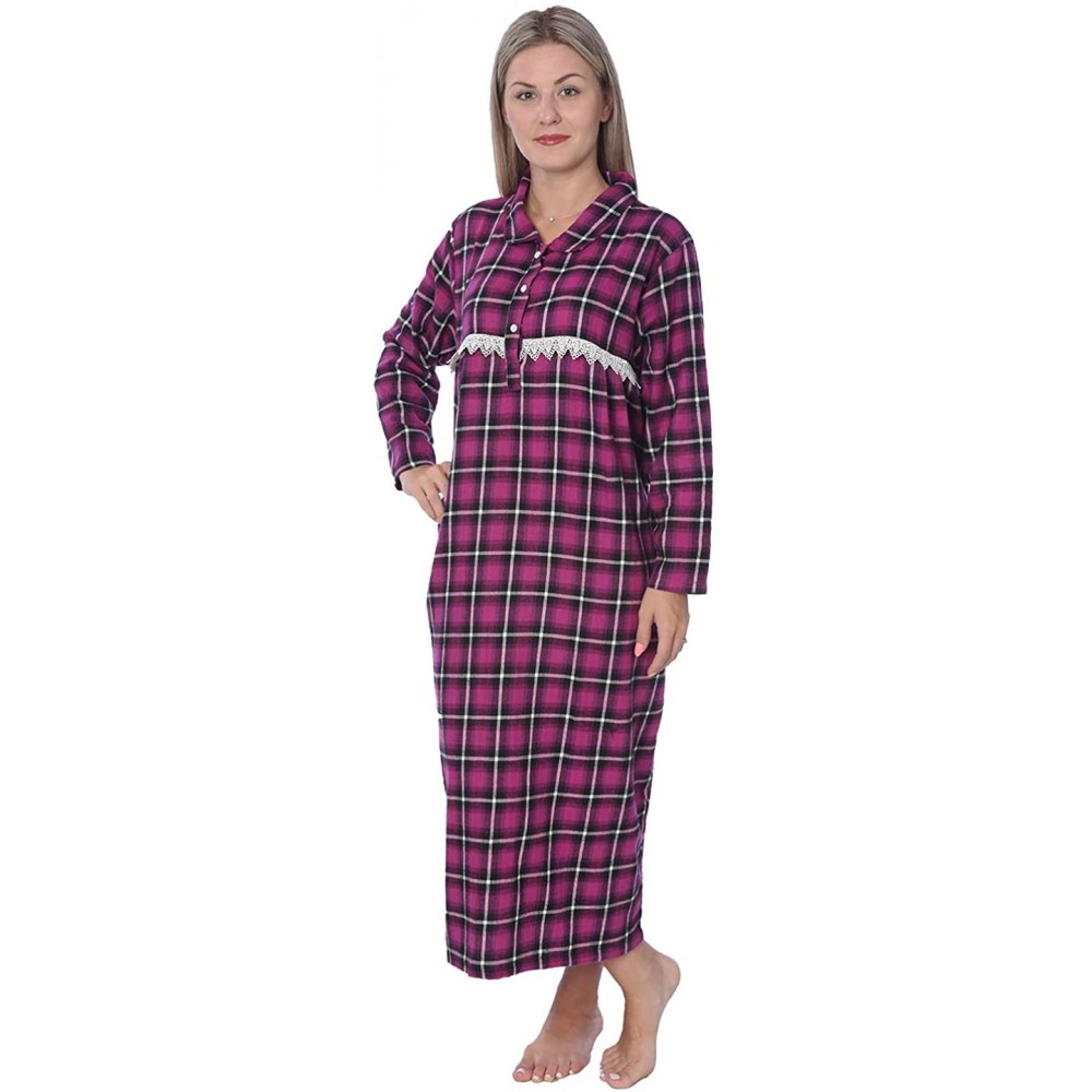 Nightgowns & Sleepshirts Women's Full Length Brushed Cotton Flannel Plaid Nightgown Lounger - Purple and White Black Plaid - ...