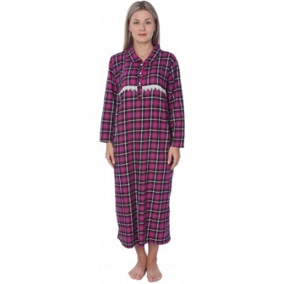 Nightgowns & Sleepshirts Women's Full Length Brushed Cotton Flannel Plaid Nightgown Lounger - Purple and White Black Plaid - ...