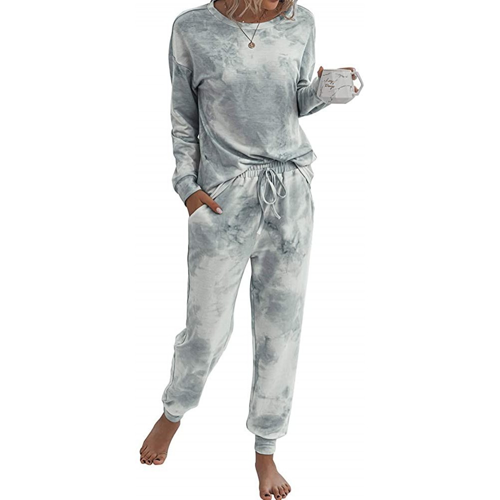 Sets Women Tie-dye Pajamas Two Piece Sets Casual Round Neck Long-Sleeved Top - Gray White - CC19DIHTDSZ