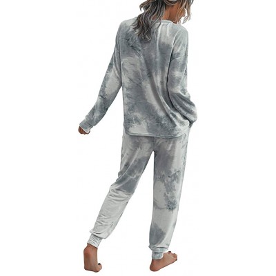 Sets Women Tie-dye Pajamas Two Piece Sets Casual Round Neck Long-Sleeved Top - Gray White - CC19DIHTDSZ