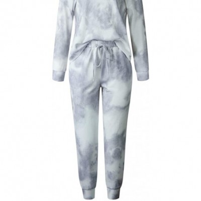 Sets Women Tie-dye Pajamas Two Piece Sets Casual Round Neck Long-Sleeved Top - Gray White - CC19DIHTDSZ