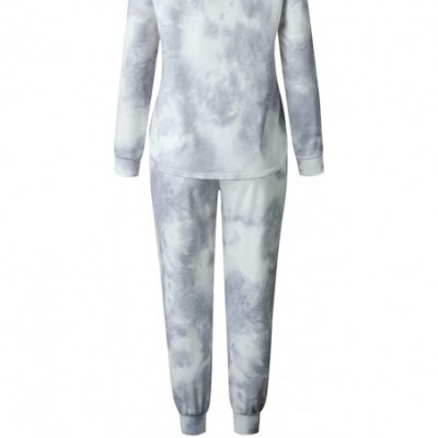 Sets Women Tie-dye Pajamas Two Piece Sets Casual Round Neck Long-Sleeved Top - Gray White - CC19DIHTDSZ