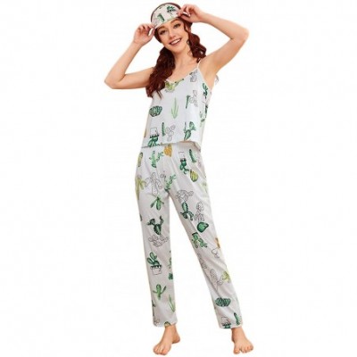 Sets Women's Sleepwear Cute Print Pajama Set Short Sleeves Top and Pants with Eye Mask - White - C2199RUXDL4