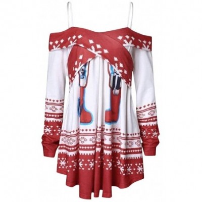 Thermal Underwear Christmas Off Shoulder Print Pullover Women Long Sleeve Casual Blouse Tops - Wine - CS18AACGH4E