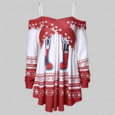 Thermal Underwear Christmas Off Shoulder Print Pullover Women Long Sleeve Casual Blouse Tops - Wine - CS18AACGH4E