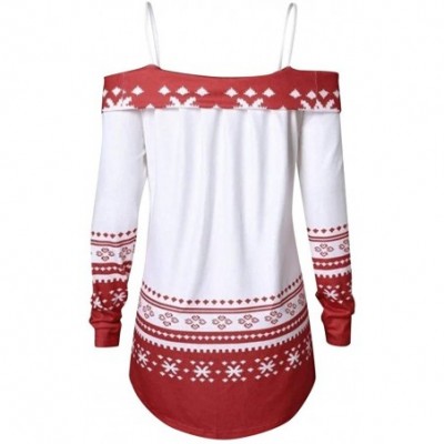 Thermal Underwear Christmas Off Shoulder Print Pullover Women Long Sleeve Casual Blouse Tops - Wine - CS18AACGH4E