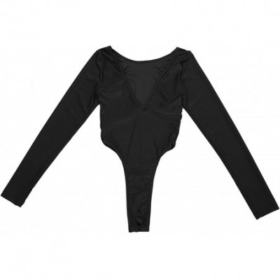 Shapewear Women's Spandex V Neck Long Sleeve Bodysuit High Cut Thong Jumpsuit - Black - CX18RULHCTA