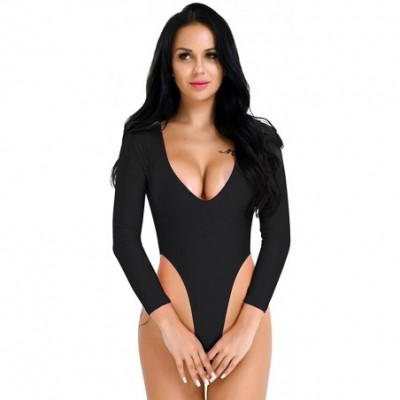 Shapewear Women's Spandex V Neck Long Sleeve Bodysuit High Cut Thong Jumpsuit - Black - CX18RULHCTA