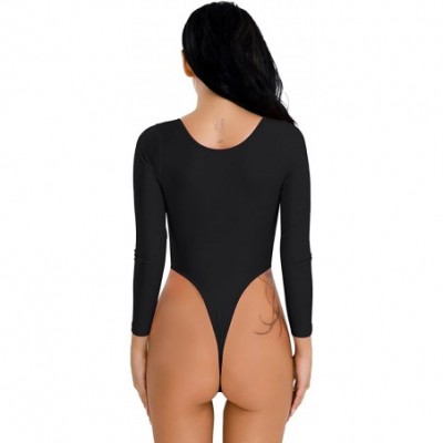 Shapewear Women's Spandex V Neck Long Sleeve Bodysuit High Cut Thong Jumpsuit - Black - CX18RULHCTA