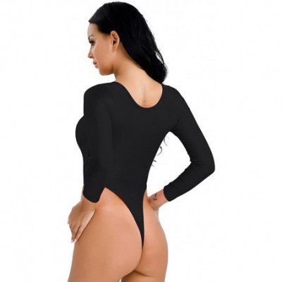 Shapewear Women's Spandex V Neck Long Sleeve Bodysuit High Cut Thong Jumpsuit - Black - CX18RULHCTA