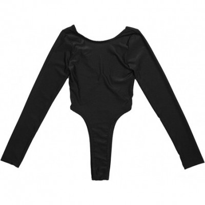 Shapewear Women's Spandex V Neck Long Sleeve Bodysuit High Cut Thong Jumpsuit - Black - CX18RULHCTA