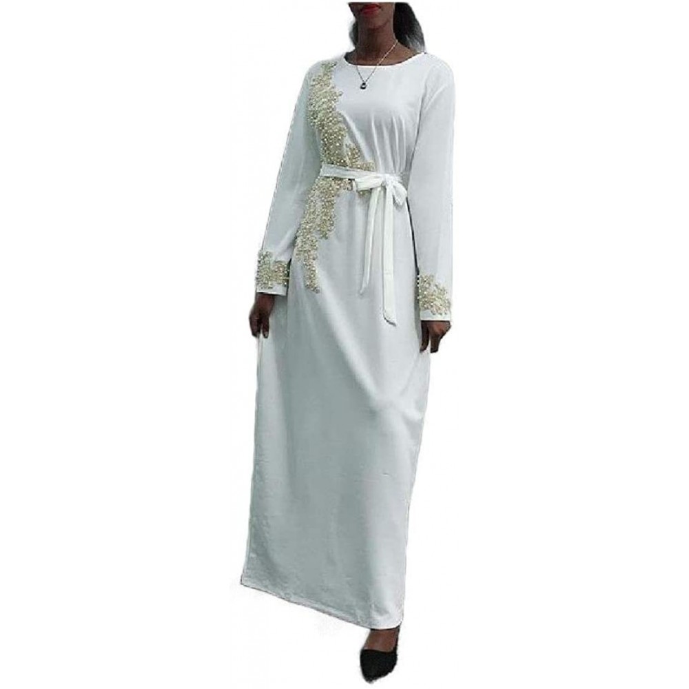 Robes Women's Embroidered Fit Muslim Islamic Wear Long-Sleeve Kaftan Dresses - White - CR19CIOH3WK