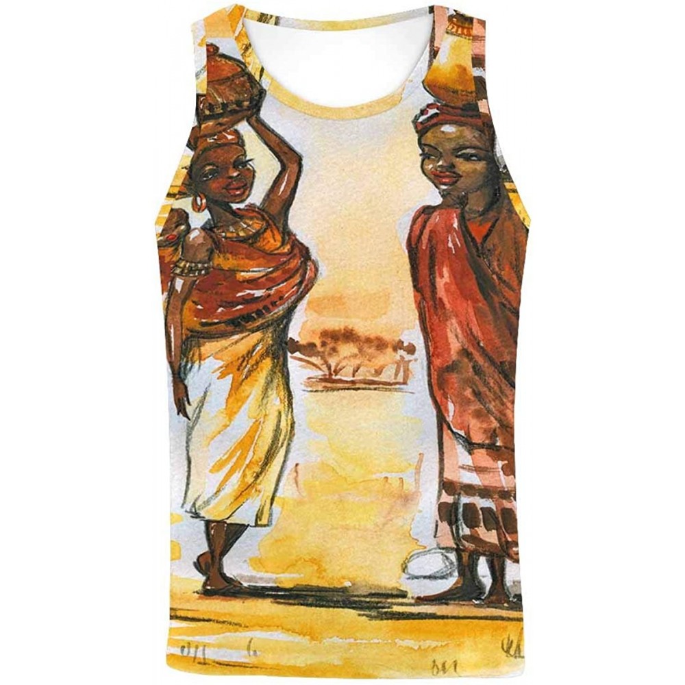 Undershirts Men's Muscle Gym Workout Training Sleeveless Tank Top African Women on Orange - Multi3 - C019DLNH02Y