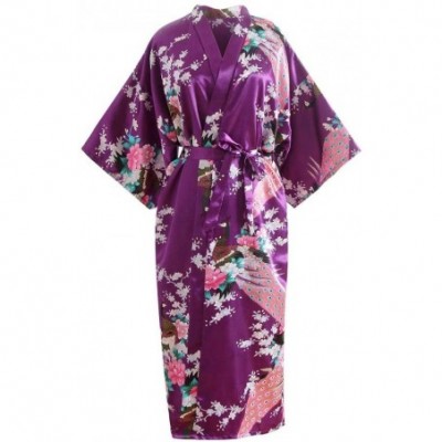 Robes Women Sexy Print Blossom Kimono Dressing Gown Bath Robe Lingerie Nightdress - Purple - CK199UTZYXA