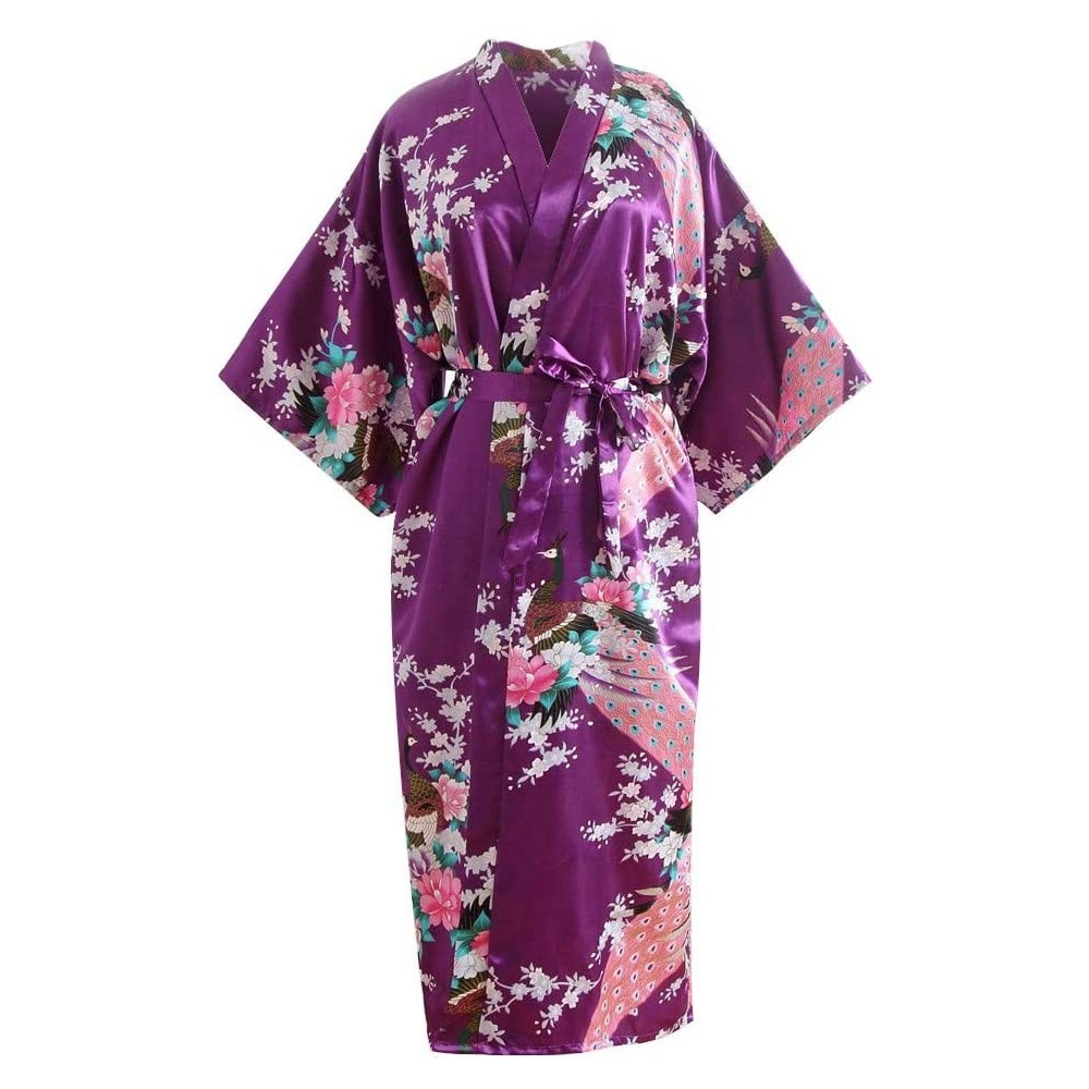 Robes Women Sexy Print Blossom Kimono Dressing Gown Bath Robe Lingerie Nightdress - Purple - CK199UTZYXA