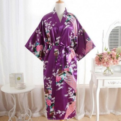 Robes Women Sexy Print Blossom Kimono Dressing Gown Bath Robe Lingerie Nightdress - Purple - CK199UTZYXA