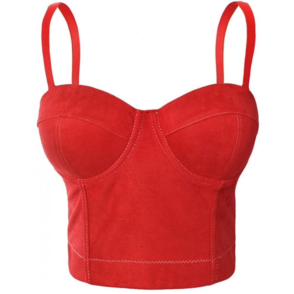 Bras Women's Faux Suede Crop Top Sexy Corset Night Club Party Bustier Bra - Red - CC17YG7GS82