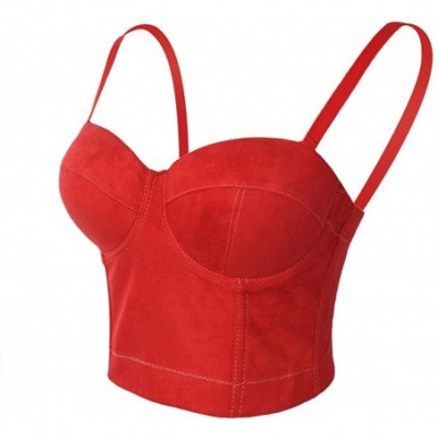 Bras Women's Faux Suede Crop Top Sexy Corset Night Club Party Bustier Bra - Red - CC17YG7GS82