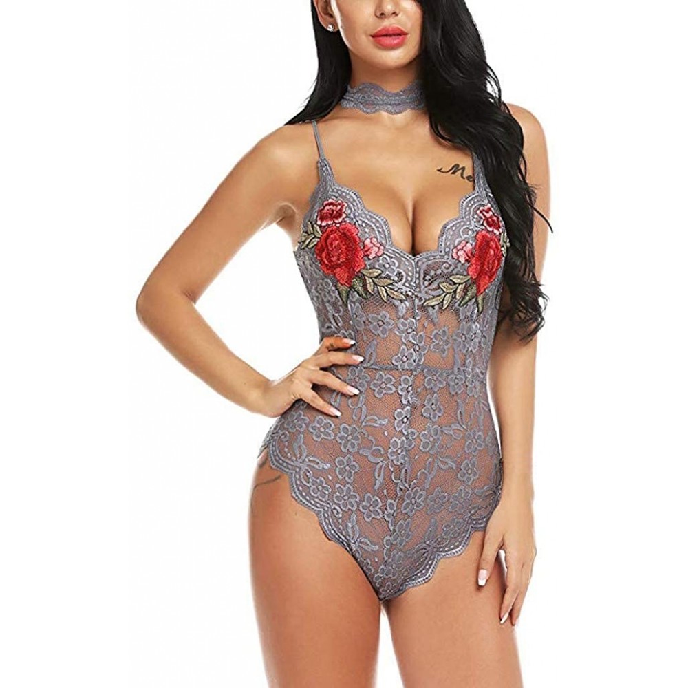 Baby Dolls & Chemises Fashion Women Lace Lingerie One Piece Babydoll Mesh Mini V-Neck Bodysuit Sexy Underwear Jumpsuit Embroi...