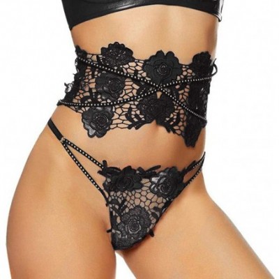 Slips New Womens Leather Sexy Detail Belt Floral Hollow Lingerie with Thong Underwear - Black - CM18XOWYAQ0