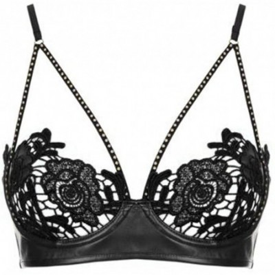 Slips New Womens Leather Sexy Detail Belt Floral Hollow Lingerie with Thong Underwear - Black - CM18XOWYAQ0