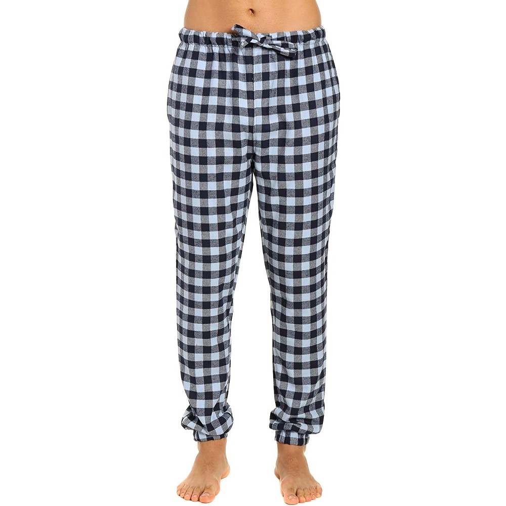 Sleep Bottoms Mens 100% Cotton Flannel Jogger Lounge Pants - Gingham Checks - Navy Blue - C8182ES9A6O