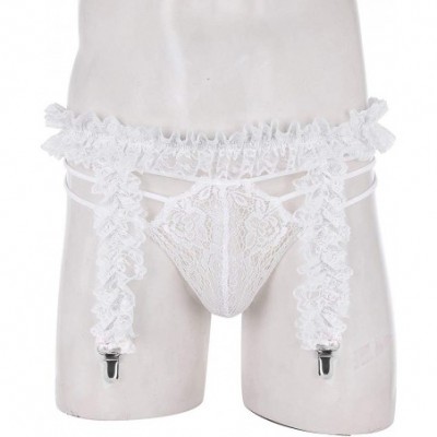 G-Strings & Thongs Men's Lingerie Set Sissy Lace G-String Thongs Underwear with 4 Straps Garter Belt - White - CP18G2EHRMG