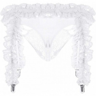 G-Strings & Thongs Men's Lingerie Set Sissy Lace G-String Thongs Underwear with 4 Straps Garter Belt - White - CP18G2EHRMG