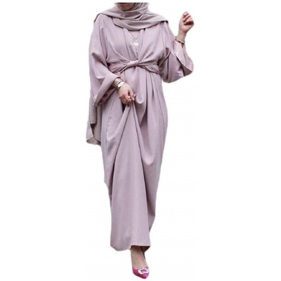 Robes Womens Arab Muslim Dubai Solid Islamic Kaftan Long Dress with Belt - Light Purple - C11908WLN7Y