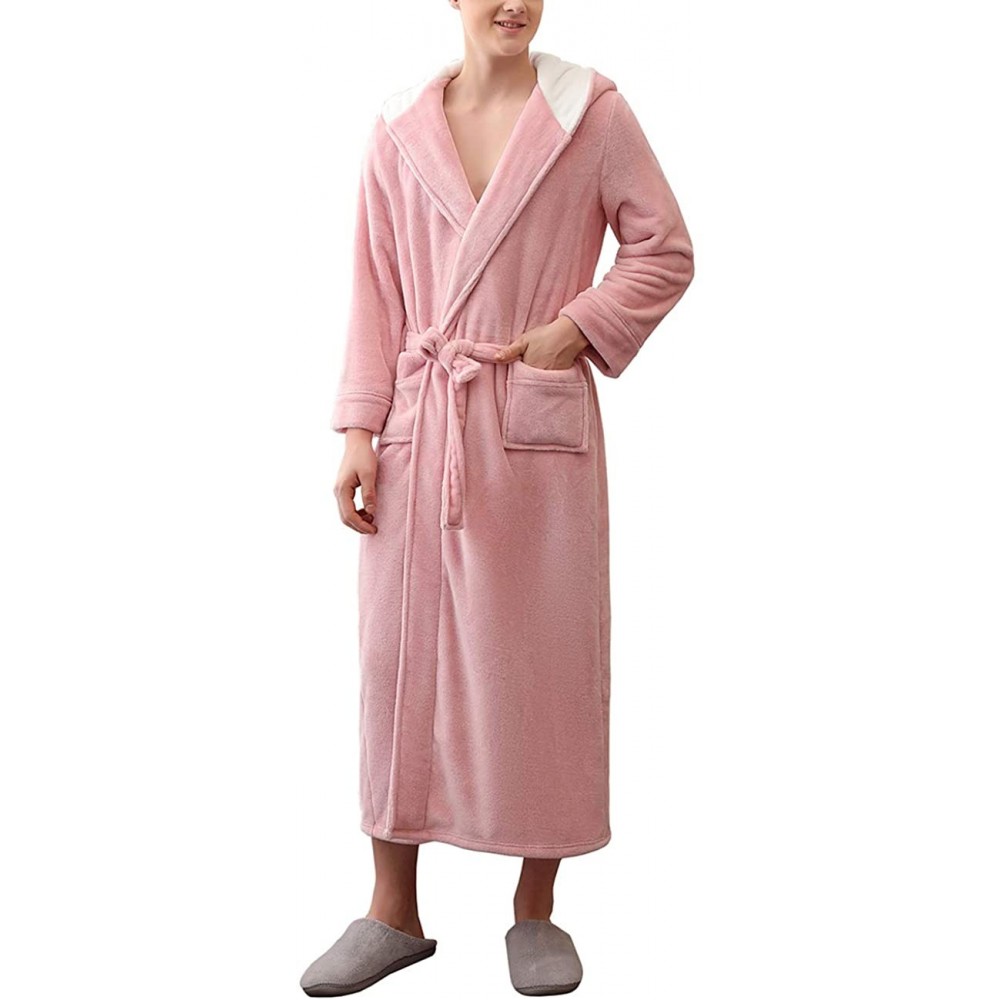 Robes Flannel Couple's Hooded Long Bathrobe - Pink(mens) - C21930T6MGC