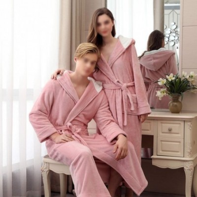 Robes Flannel Couple's Hooded Long Bathrobe - Pink(mens) - C21930T6MGC