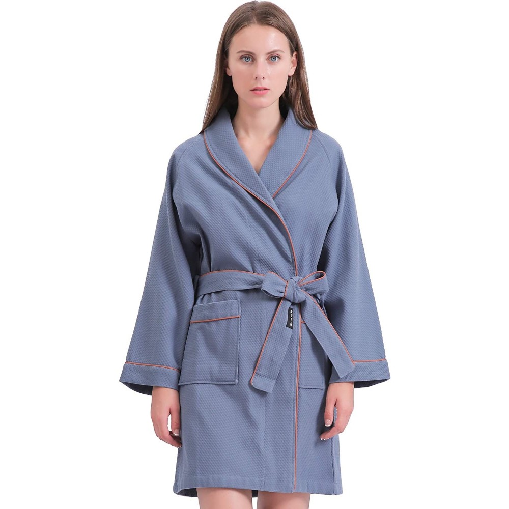 Robes Short Waffle Robes for Women- Lightweight Cotton SPA Bathrobe- Above The Knee Length and Soft Bath Robe - Blue - C118DO...