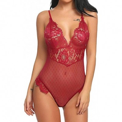 Baby Dolls & Chemises Lace Lingerie for Women One Piece V-Neck Sling Perspective Fishnet Teddy Bodysuit Mesh Babydoll Jumpsui...