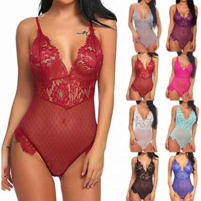 Baby Dolls & Chemises Lace Lingerie for Women One Piece V-Neck Sling Perspective Fishnet Teddy Bodysuit Mesh Babydoll Jumpsui...