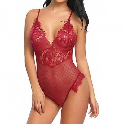 Baby Dolls & Chemises Lace Lingerie for Women One Piece V-Neck Sling Perspective Fishnet Teddy Bodysuit Mesh Babydoll Jumpsui...