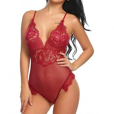 Baby Dolls & Chemises Lace Lingerie for Women One Piece V-Neck Sling Perspective Fishnet Teddy Bodysuit Mesh Babydoll Jumpsui...