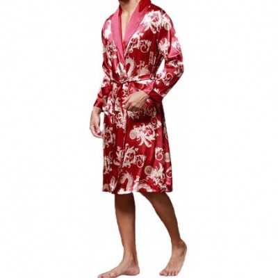 Robes Men Robes Nightgown Bathrobe Faux Silk Long Sleeve Chinese Dragon Print Pajamas Sleepwear Kimono Men Long Homewear - Re...