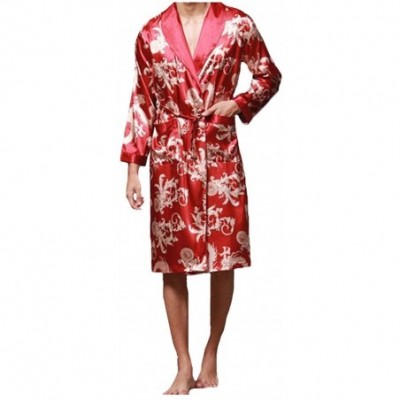 Robes Men Robes Nightgown Bathrobe Faux Silk Long Sleeve Chinese Dragon Print Pajamas Sleepwear Kimono Men Long Homewear - Re...