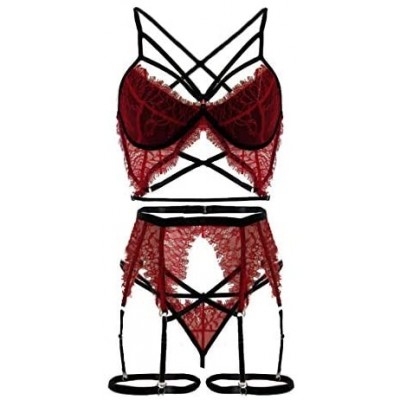 Baby Dolls & Chemises Womens Sexy Lingerie 3 Pieces Set Lace Teddy Strap Babydoll Underwear Bodysuit with Garter Belts - Red ...