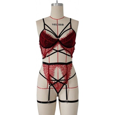 Baby Dolls & Chemises Womens Sexy Lingerie 3 Pieces Set Lace Teddy Strap Babydoll Underwear Bodysuit with Garter Belts - Red ...