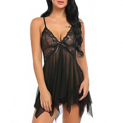 Baby Dolls & Chemises Womens Chemise Sleepwear Women One Piece Lingerie Lace Sexy Baby Dolls Teddy Sleepwear - Black - CK197D...