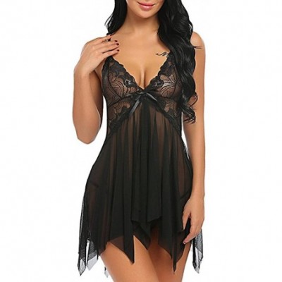 Baby Dolls & Chemises Womens Chemise Sleepwear Women One Piece Lingerie Lace Sexy Baby Dolls Teddy Sleepwear - Black - CK197D...