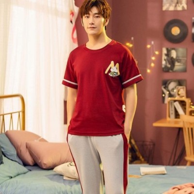 Sleep Sets Cotton Men's Pajamas Set Casual Pajamas Male Pajamas Pajamas Pajamas Plus 3XL Home Service-Red-XXL - Red - CS198G6...