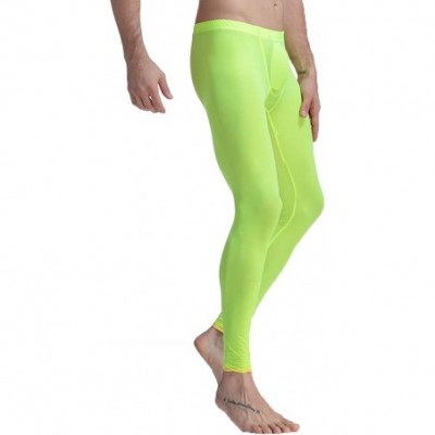 Briefs Mens Semi Opaque Thin Ice Silk Long Johns Colorful Soft Lift Buttocks Long Pants - Grass Green - CT18XH7WAIQ