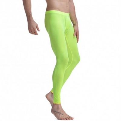 Briefs Mens Semi Opaque Thin Ice Silk Long Johns Colorful Soft Lift Buttocks Long Pants - Grass Green - CT18XH7WAIQ