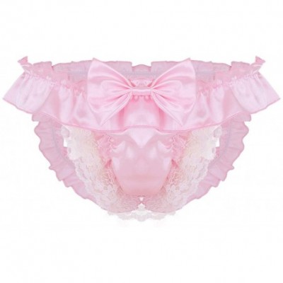 G-Strings & Thongs Men's Frilly Satin Ruffled High Cut G-String Thong Girlie Sissy Pouch Panties Underwear - Pink - C9199XE384D